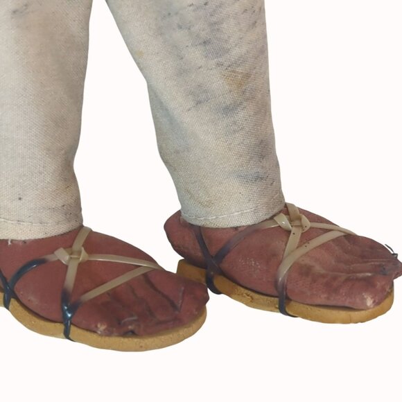 Vintage Handcrafted Mexican Folk Art Doll With Checkered Shirt & Sandals - Picture 4 of 5